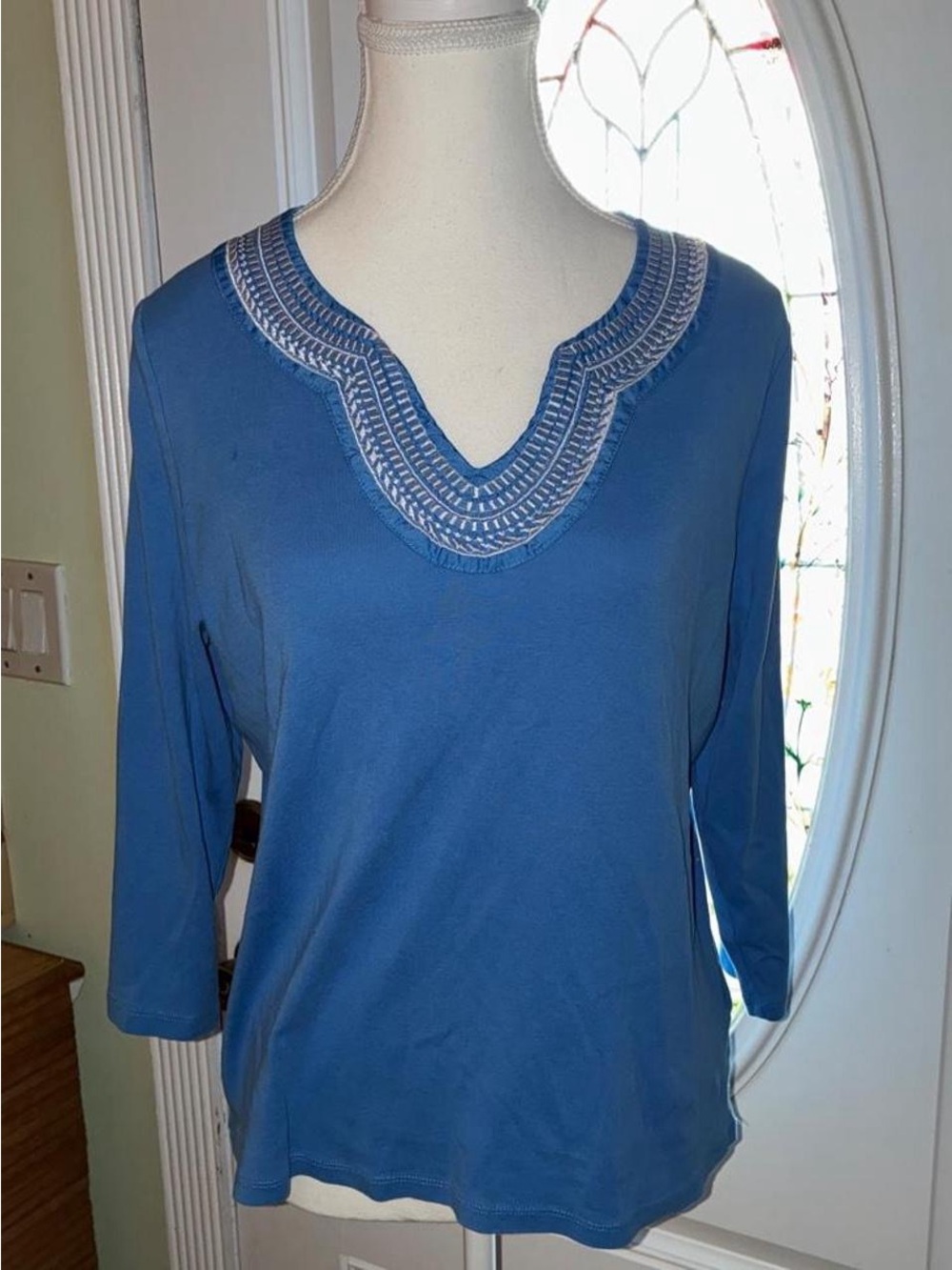 Rafaella Blue Embroidered V-Neck Long Sleeve Top